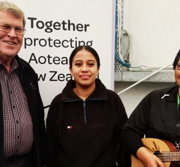 Kai manaaki Herawana Tupaea of Te Awamutu, right, and Tiara Marama Phillips of Kihikihi, centre, provide support at the Te Awamutu vaccination centre for Waipā mayor Jim Mylchreest. Kai manaaki bring to life the manaakitanga provided at vaccination sites and make sure each person is cared for at every step of the process.