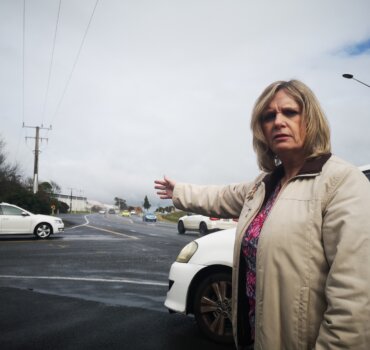Sue Davies at the Raynes Road and SH3 intersection where a 70-year-old woman died last week in a car accident.